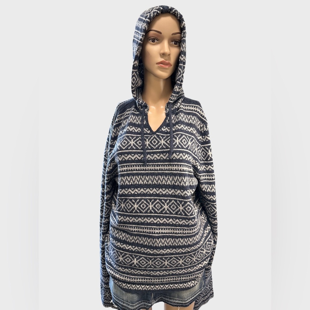 Hollister Fair Isle Hoodie Sweater Pullover Navy/Grey Sz M
